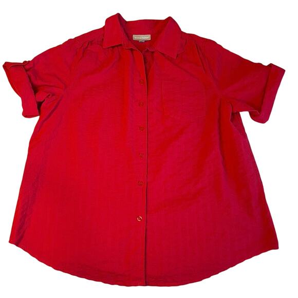 Woman Within Tops - Woman Within Boho Cottage Cotton Red Textured Roll Tab Sleeves Button Up Top Lg